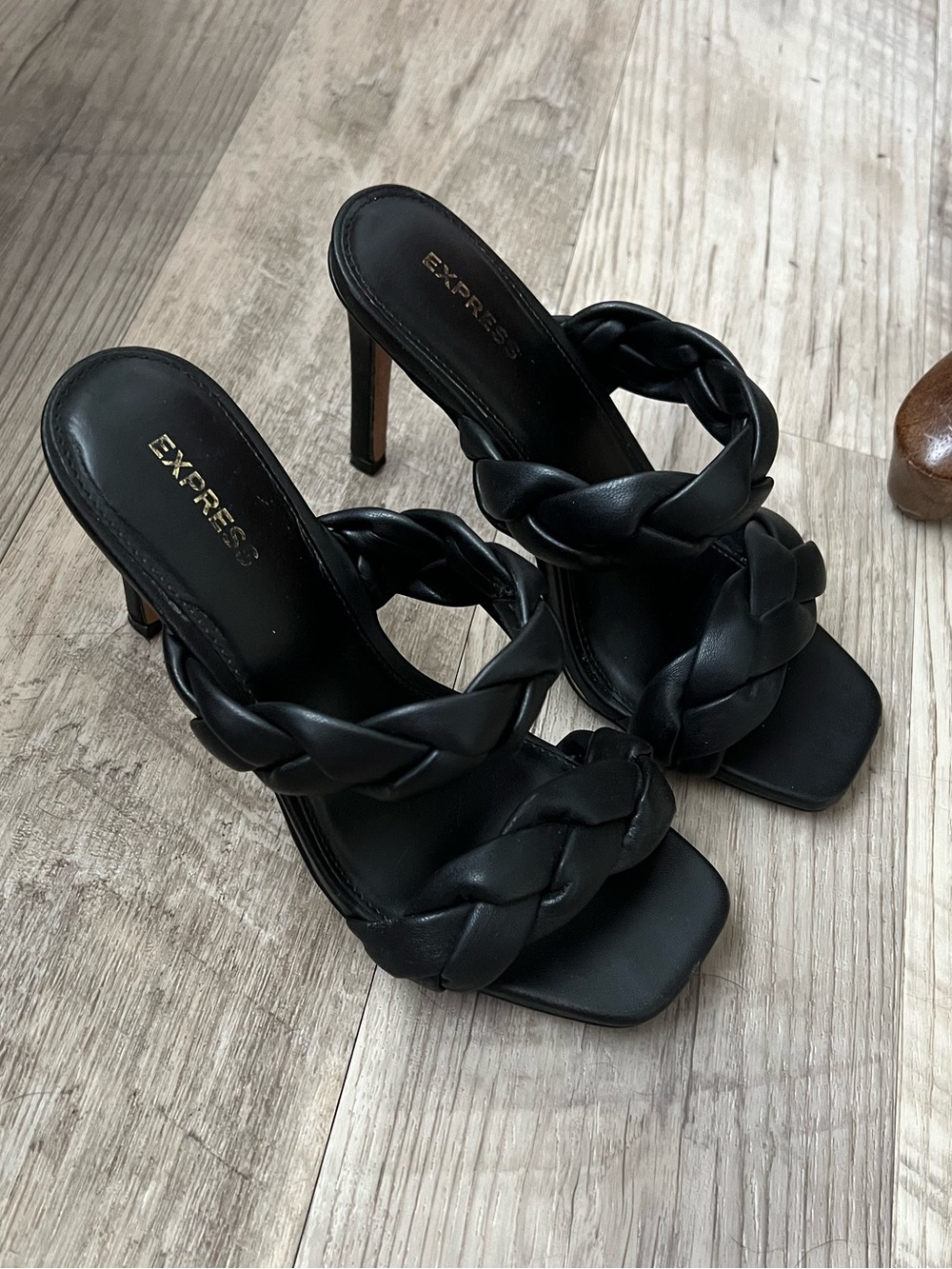 Express women’s braided black strappy heels